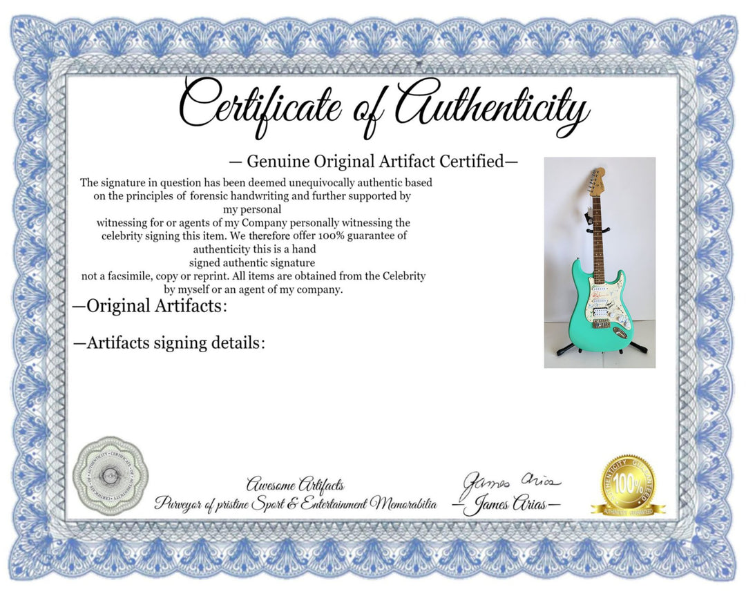 James Young, Tommy Shaw, Todd Sucherman, Lawrence Gowan, Will Evankovich, Terry Gowan Dennis DeYoung Fender Stratocaster signed with proof