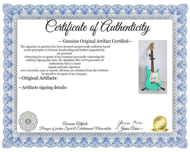 James Young, Tommy Shaw, Todd Sucherman, Lawrence Gowan, Will Evankovich, Terry Gowan Dennis DeYoung Fender Stratocaster signed with proof