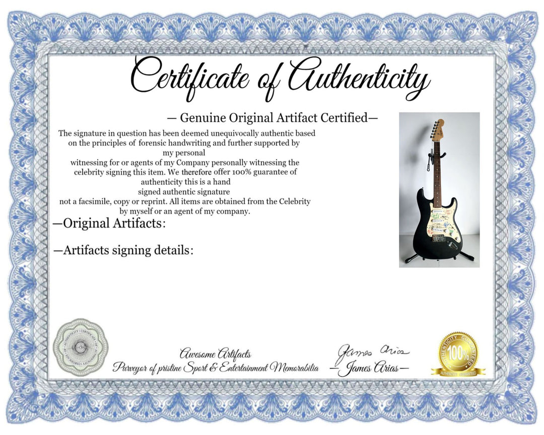 Eddie Vedder, Stone Gossard, Matt McCready, Matt Cameron, Jeff Amen, Pearl Jam, Fender Stratocaster Squier electric guitar signed with proof
