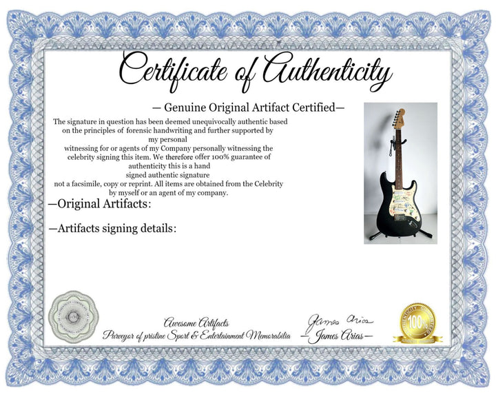 Eddie Vedder, Stone Gossard, Matt McCready, Matt Cameron, Jeff Amen, Pearl Jam, Fender Stratocaster Squier electric guitar signed with proof