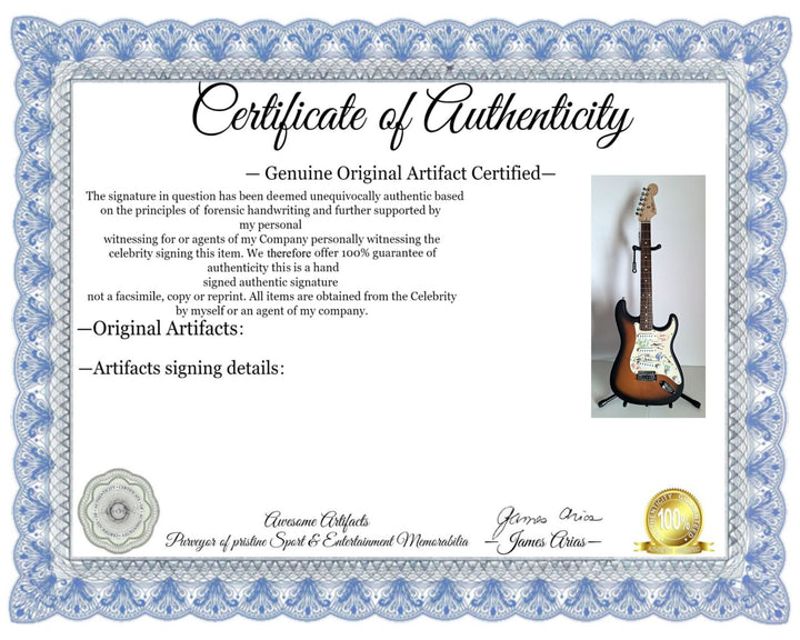 Pearl Jam Eddie Vedder, Matt McCready, Matt Cameron, Stone Gossard, Jeff Amen Fender Stratocaster Squier electric guitar signed with proof