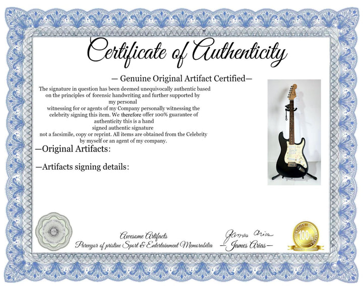 Judas Priest, Rob Halford, K.K. Downing, Glenn Tipton, Ian Hill and Dave Holland, Fender Stratocaster electric guitar signed with proof