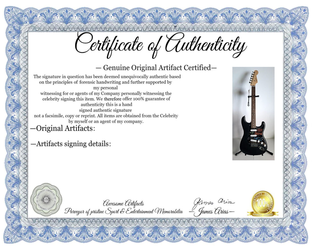 Pantera Dimebag Darrel Abbott, Vinnie Paul, Phil Anselmo, Rex Brown & Charlie Benante, Fender Stratocaster electric guitar signed with proof