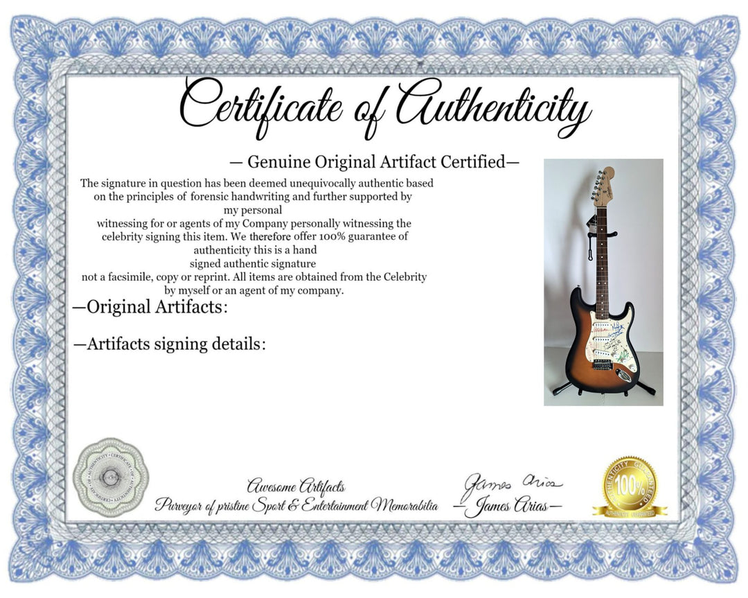 Eddie & Ale Van Halen, Michael Anthony, David Lee Roth, Sammy Hagar, Fender Stratocaster electric guitar signed with proof