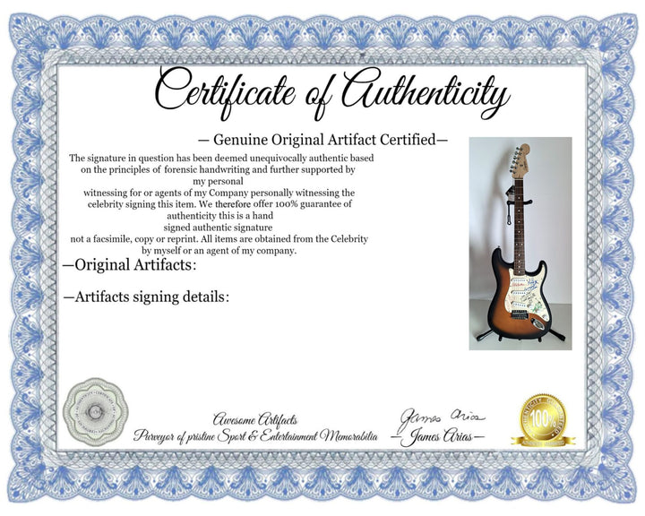 Eddie & Ale Van Halen, Michael Anthony, David Lee Roth, Sammy Hagar, Fender Stratocaster electric guitar signed with proof