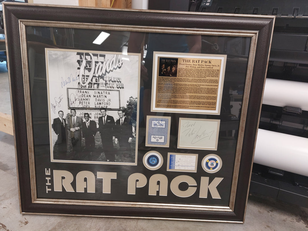 Frank Sinatra, Dean Martin, Sammy Davis Jr., Peter Lawford, Joey Bishop signed and framed