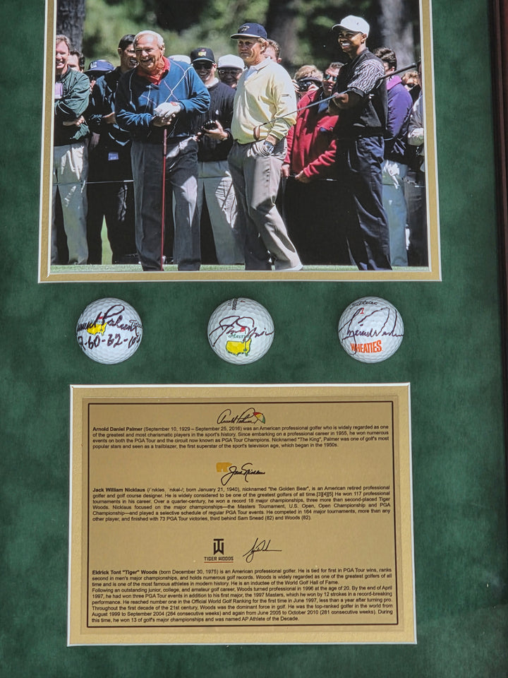Tiger Woods Jack Nicklaus and Arnold Plamer Masters Golf Balls signed with photo proof