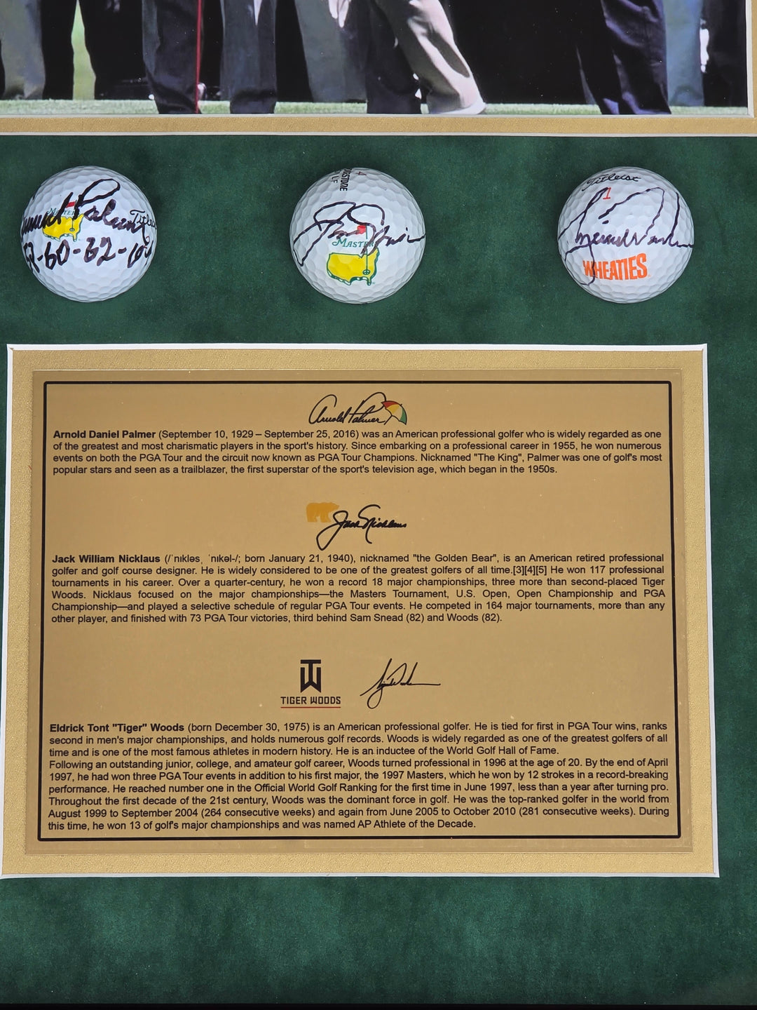 Tiger Woods Jack Nicklaus and Arnold Plamer Masters Golf Balls signed with photo proof