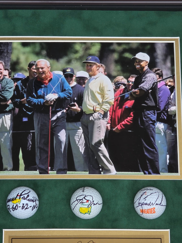 Tiger Woods Jack Nicklaus and Arnold Plamer Masters Golf Balls signed with photo proof