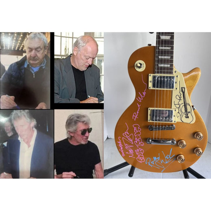 Pink Floyd Roger Waters David Gilmour Richard Wright Nick Mason Gold Les Paul electric guitar signed with proof