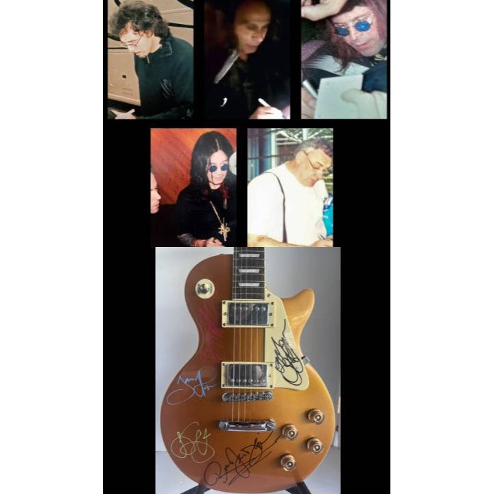Ronnie James Dio, Ozzy Osbourne, Tony Iommi, Black Sabbath Les Paul style guitar signed with proof