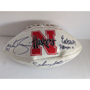 Nebraska Cornhuskers Heisman Trophy award winners Johnny Rodgers Eric Crouch Mike Rozier full size football signed