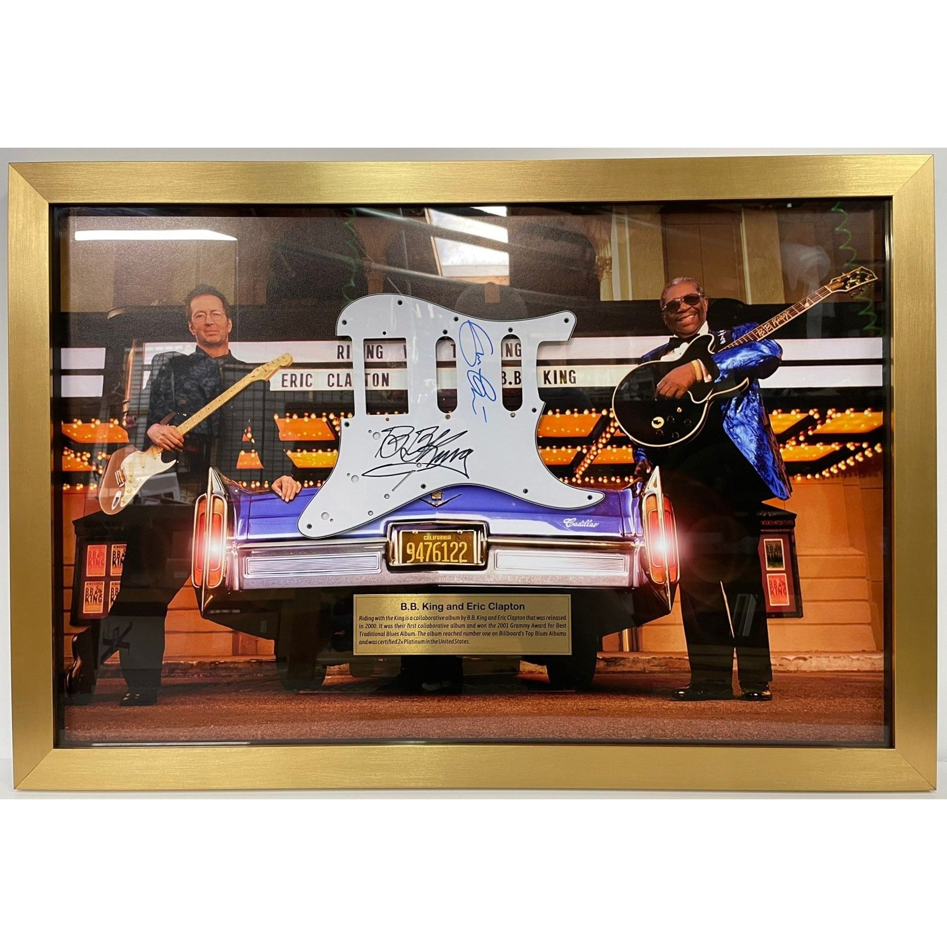 Eric Clapton and BB King Stratocaster electric guitar pickguard framed 34x24 and signed with proof