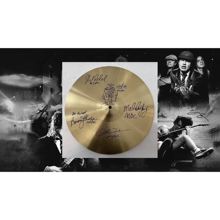 Angus Young Malcolm Young Cliff Williams Phil Rudd Brian Johnson ACDC 14-in cymbal signed with proof