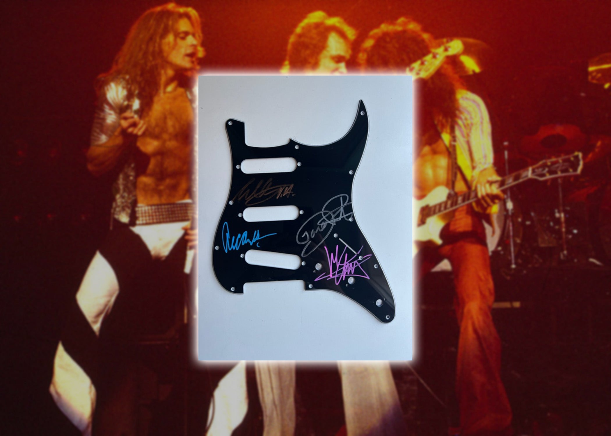 Eddie Van Halen, David Lee Roth, Alex Van Halen, Michael Anthony Fender Stratocaster guitar pickguard signed with proof