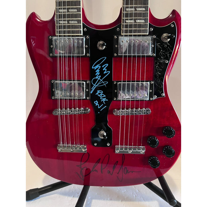 Jimmy Page, Robert Plant, John Paul Jones Led Zeppelin Les Paul style vintage electric guitar double neck signed with proof