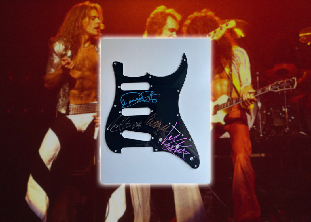 Eddie Van Halen, David Lee Roth, Alex Van Halen, Michael Anthony Fender Stratocaster guitar pickguard signed with proof