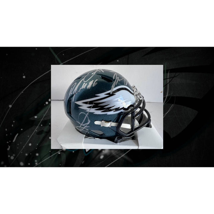 Philadelphia Eagles Jalen Hurts,  Devonta Smith Boston Scott Dallas Goedert AJ Brown Jason Kelce Riddell Mini helmet signed with proof