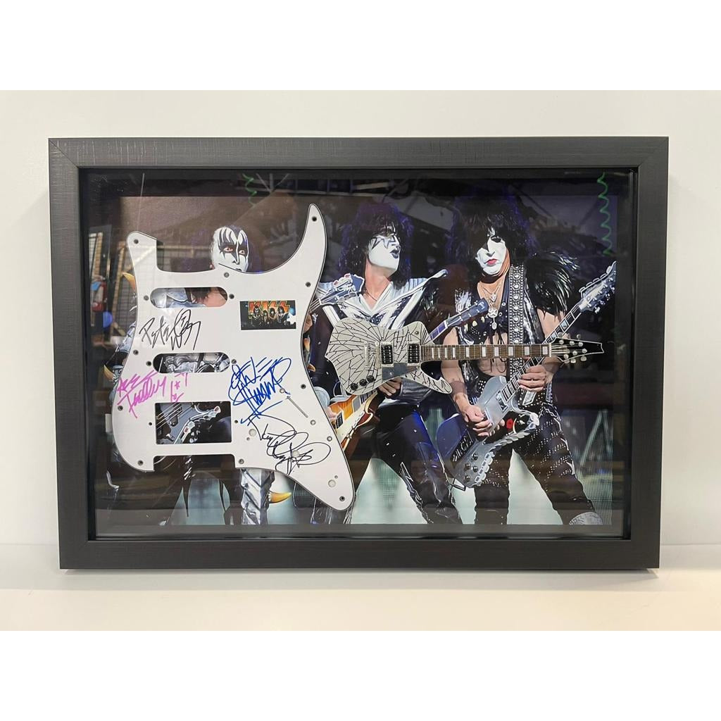 Kiss Gene Simmons Ace Frehley Peter Chris Paul Stanley electric guitar pickguard signed and framed with proof