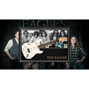 The Eagles Don Henley, Glenn Frey, Timothy B. Schmidt, Joe Walsh, Bernie Leadon Stratocaster electric guitar signed and framed with proof