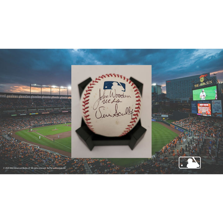 Vin Scully John Wooden MLB baseball signed with proof free acrylic display case