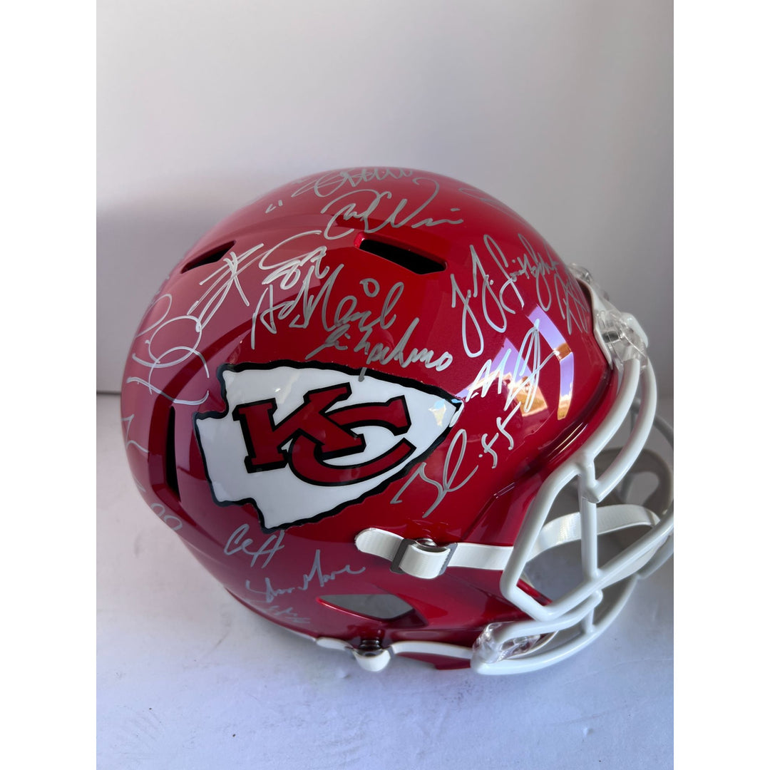 Kansas City Patrick Mahomes Andy Reid Travis Kelce 2022-23 Super Bowl champions Riddell Speed full size helmet team signed with proof