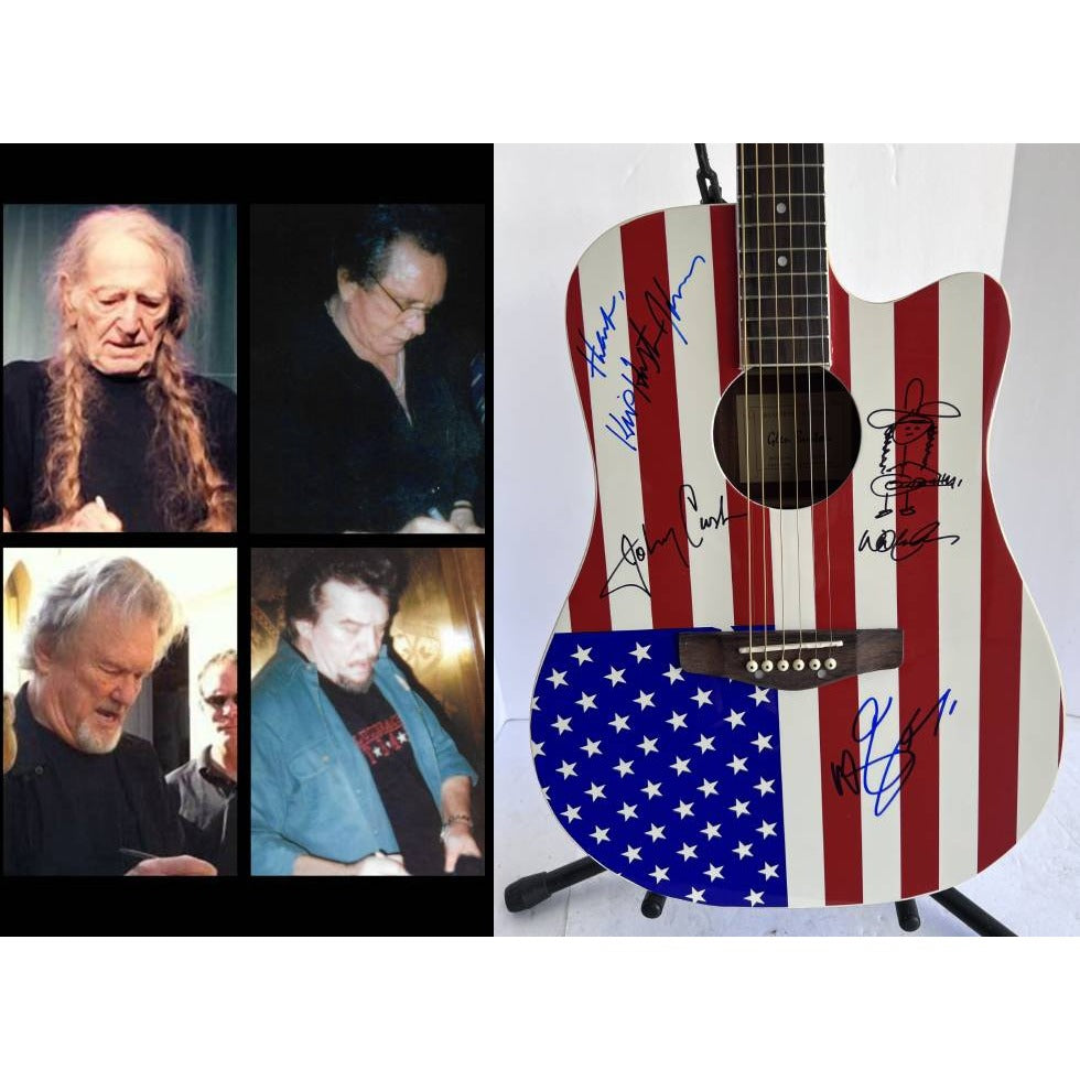 Johnny Cash Waylon Jennings Kris Kristofferson Willie Nelson The Highwaymen USA American flag acoustic guitar signed with proof