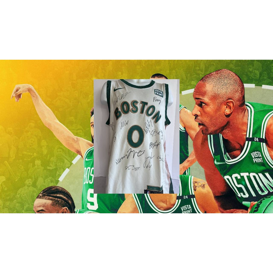 Boston Celtics 2023-24 Jayson Tatum Jrue Holiday Jaylen Brown Kristaps Porzingis complete team nike jersey signed with proof