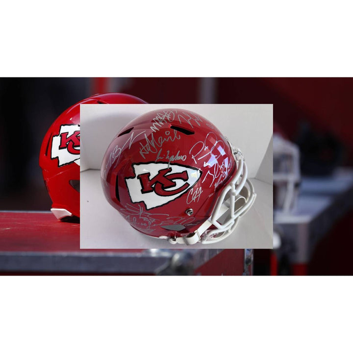 Patrick Mahomes Andy Reid 2022 Kansas City Chiefs AFC champions Riddell speed replica full size helmet team signed with proof and free case