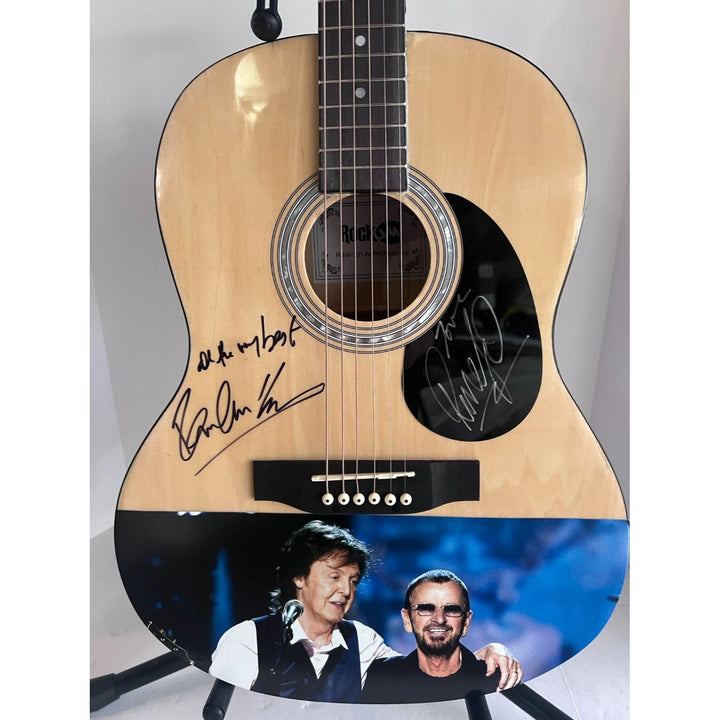 Paul McCartney & Ringo Starr of the Beatles acoustic guitar signed with proof