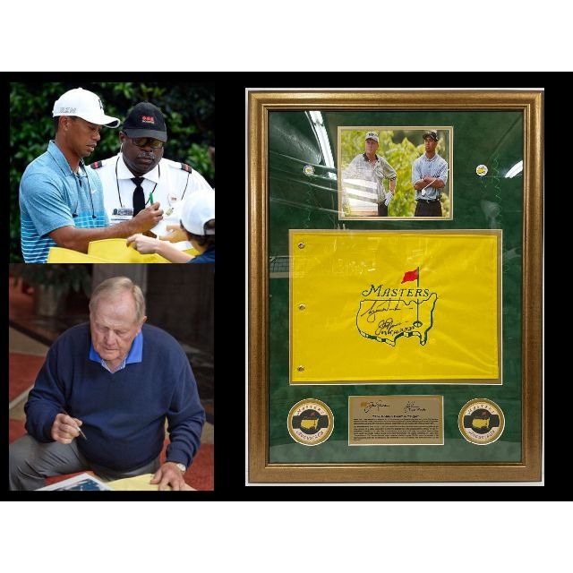 Tiger Woods Jack Nicklaus Masters Golf flag signed with proof and framed