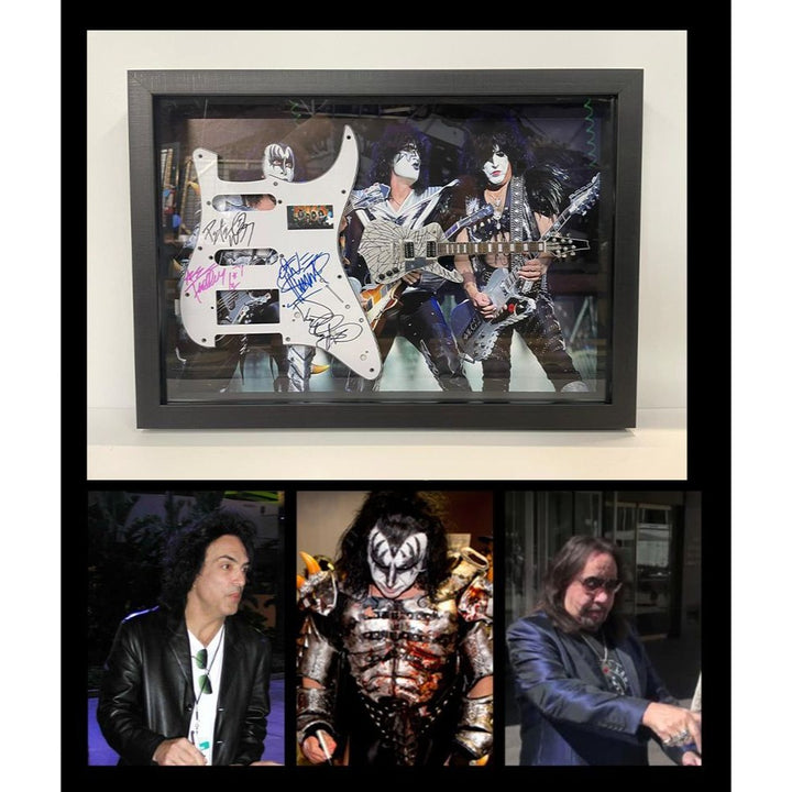 Kiss Gene Simmons Ace Frehley Peter Chris Paul Stanley electric guitar pickguard signed and framed with proof