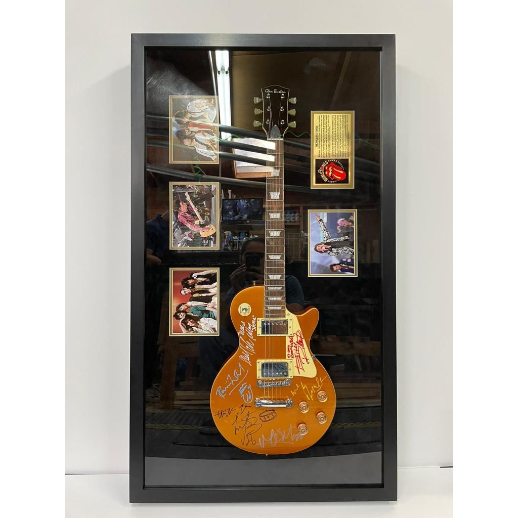 Mick Jagger Keith Richards Ronnie Wood Charlie Watts Bill Wyman les paul style electric guitar signed and framed 43x28 with proof