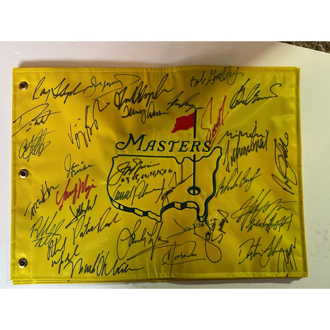 Jon Rahm Tiger Woods Arnold Palmer Jack Nicklaus Masters Golf pin flag signed by 33 Masters champions with proof