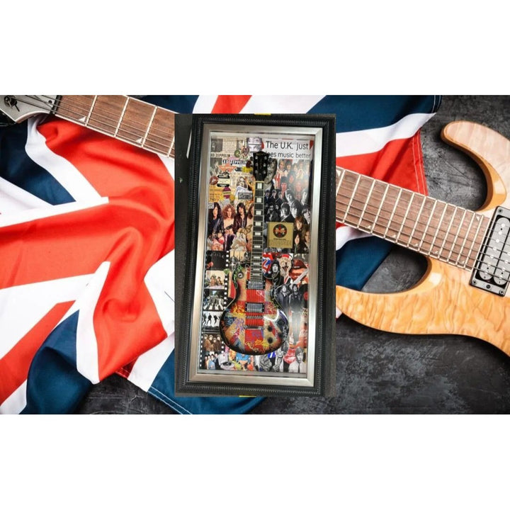 British Rock n Roll Led Zeppelin The Beatles Pink Floyd The Stones British flag electric guitar signed with proof & museum quality frame