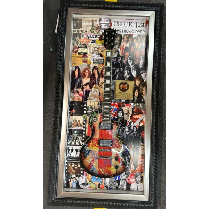 British Rock n Roll Led Zeppelin The Beatles Pink Floyd The Stones British flag electric guitar signed with proof & museum quality frame