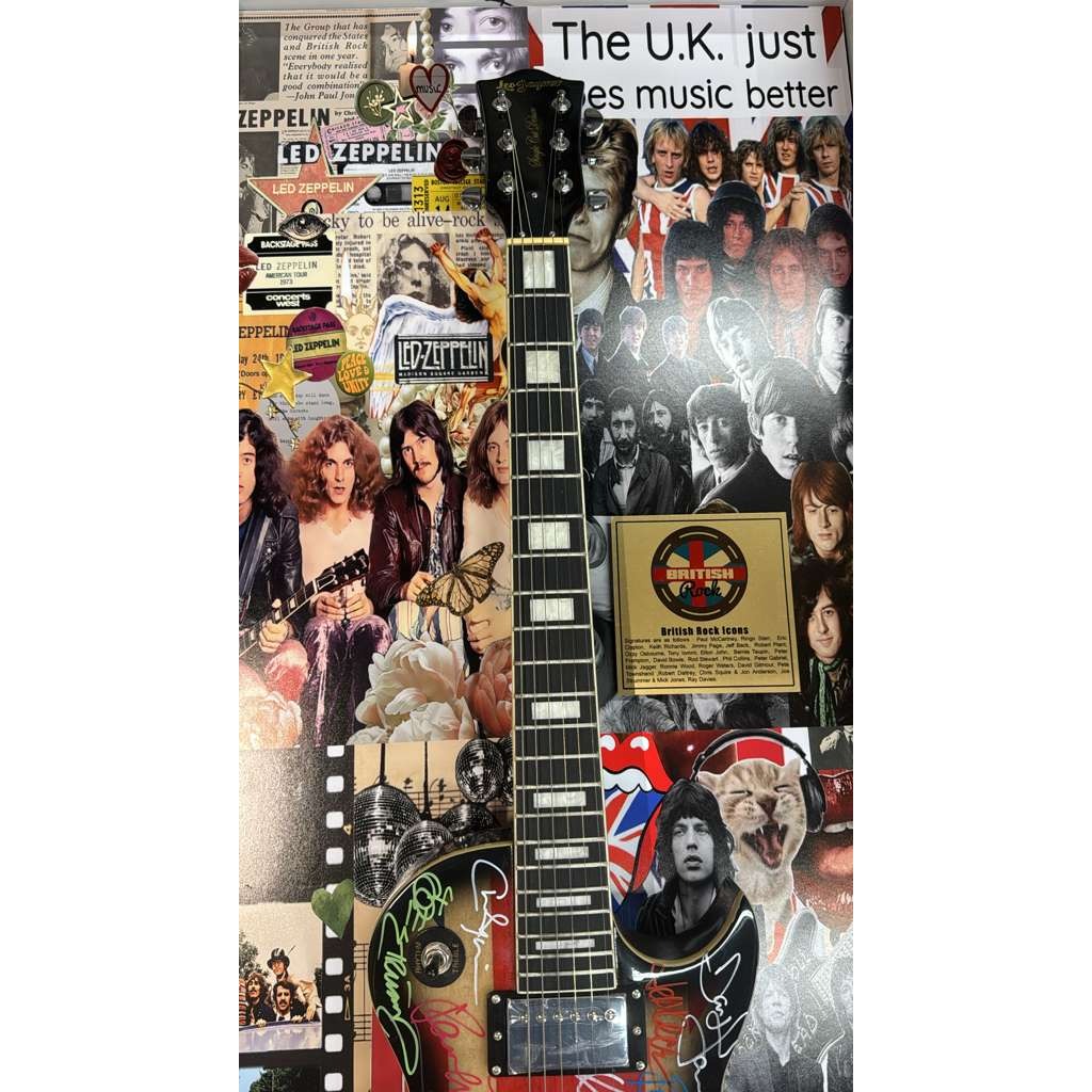 British Rock n Roll Led Zeppelin The Beatles Pink Floyd The Stones British flag electric guitar signed with proof & museum quality frame