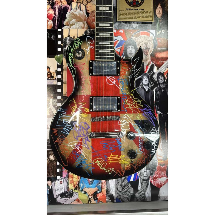 British Rock n Roll Led Zeppelin The Beatles Pink Floyd The Stones British flag electric guitar signed with proof & museum quality frame