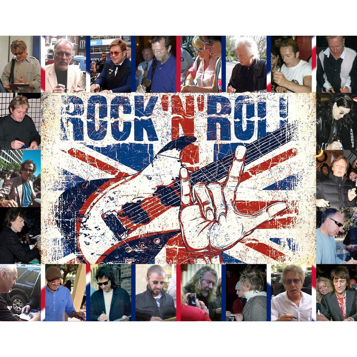 British Rock n Roll Led Zeppelin The Beatles Pink Floyd The Stones British flag electric guitar signed with proof & museum quality frame