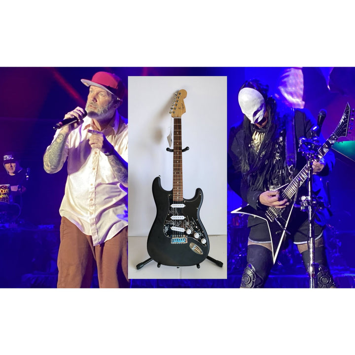 Fred Durst, Sam Rivers, Wes Borald, DJ Lethal, John Otto, Limp Bizkit, Fender Stratocaster Squier electric guitar signed with proof
