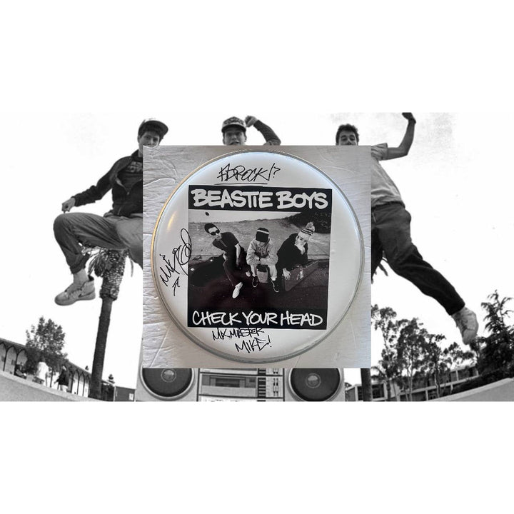 The Beastie Boys Rick Rubin, Ad-Rock, Mike Diamond 14-in one-of-a-kind drumhead signed with proof Awesome Artifacts