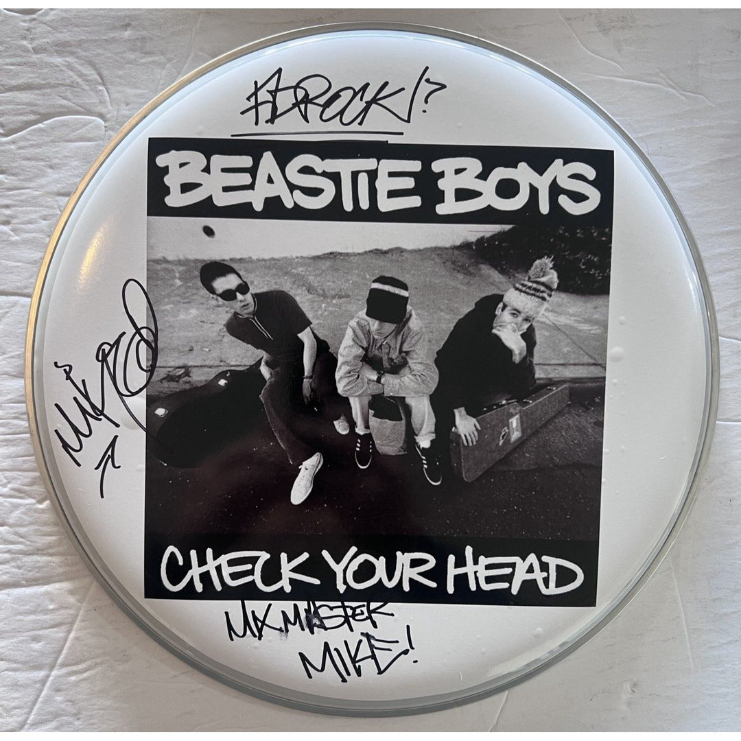 The Beastie Boys Rick Rubin, Ad-Rock, Mike Diamond 14-in one-of-a-kind drumhead signed with proof Awesome Artifacts