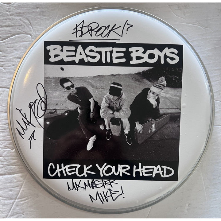 The Beastie Boys Rick Rubin, Ad-Rock, Mike Diamond 14-in one-of-a-kind drumhead signed with proof Awesome Artifacts