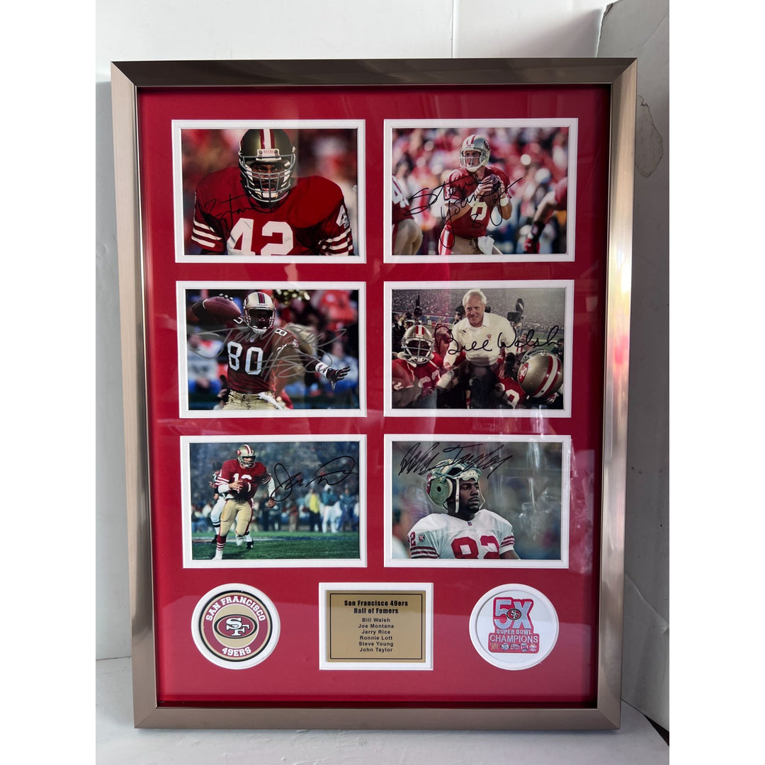 Joe Montana Jerry Rice Bill Walsh Ronnie Lott San Francisco 49ers Hall of Famers 5x7 photos in museum quality frame 22x28 signed with proof