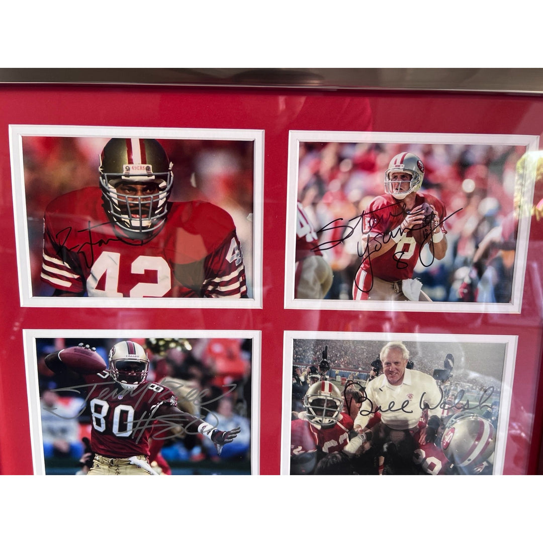 Joe Montana Jerry Rice Bill Walsh Ronnie Lott San Francisco 49ers Hall of Famers 5x7 photos in museum quality frame 22x28 signed with proof