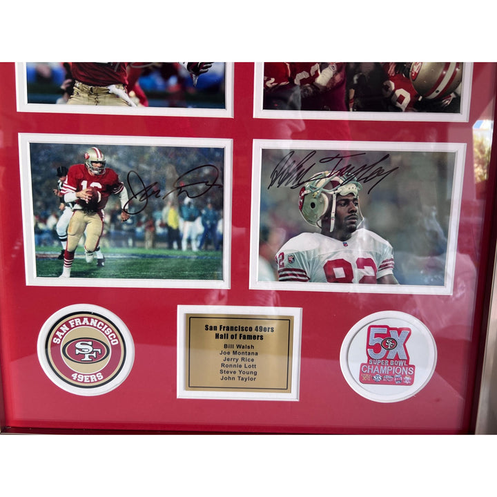 Joe Montana Jerry Rice Bill Walsh Ronnie Lott San Francisco 49ers Hall of Famers 5x7 photos in museum quality frame 22x28 signed with proof