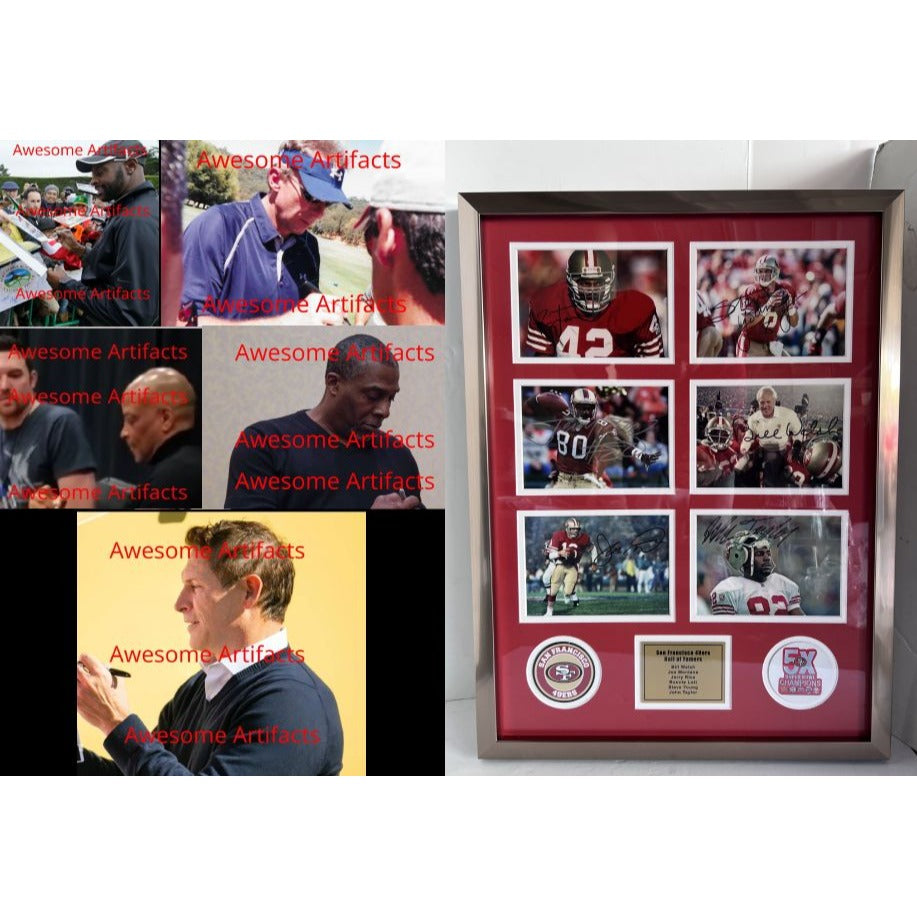 Joe Montana Jerry Rice Bill Walsh Ronnie Lott San Francisco 49ers Hall of Famers 5x7 photos in museum quality frame 22x28 signed with proof