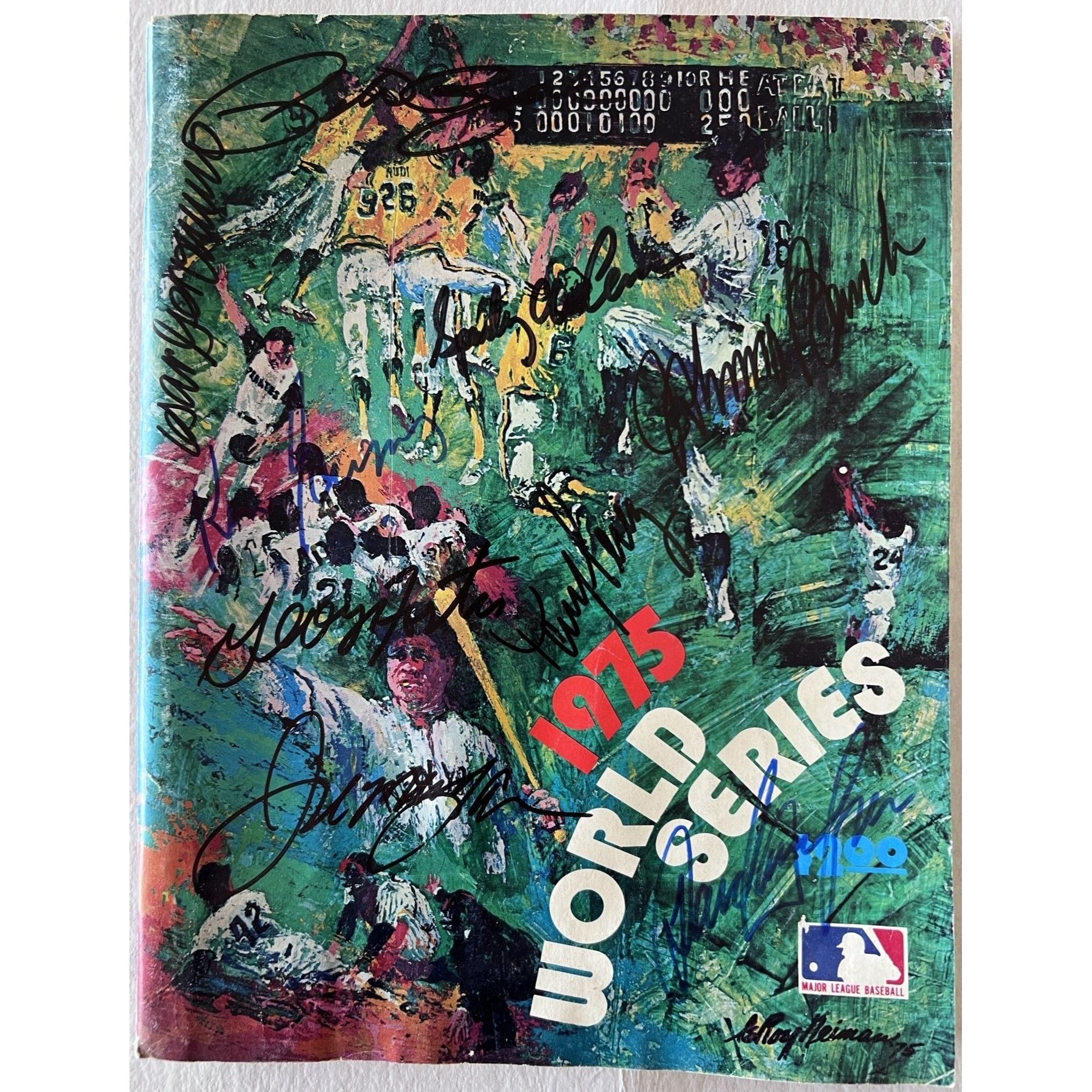Cincinnati Reds Caesar Geronimo Johnny Bench Joe Morgan Tony Perez Sparky Anderson Davie Concepcion 1975 World Series program signed