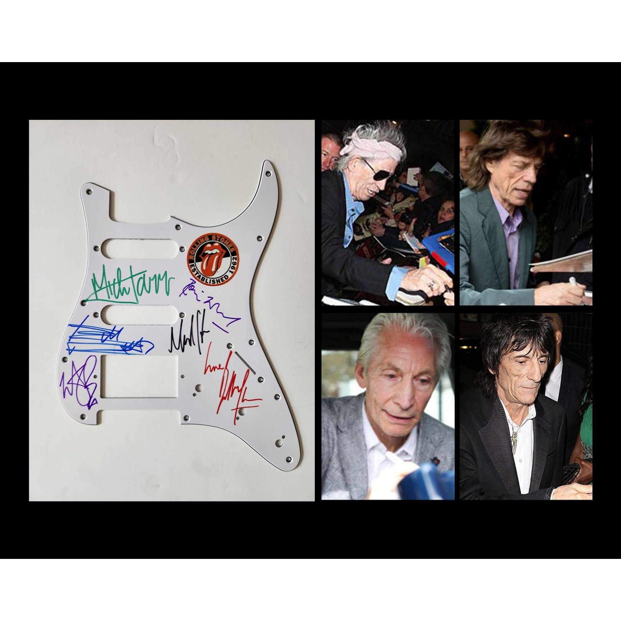 Mick Jagger Keith Richards Bill Wyman Mick Taylor Ronnie Wood Charlie Watts Fender Stratocaster electric pickguard signed with proof