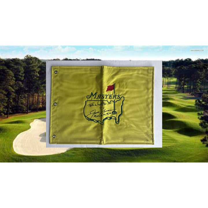 Jack Nicklaus signed and inscribed with Master's championships and Tom Watson Masters embroidered pin flag signed with proof